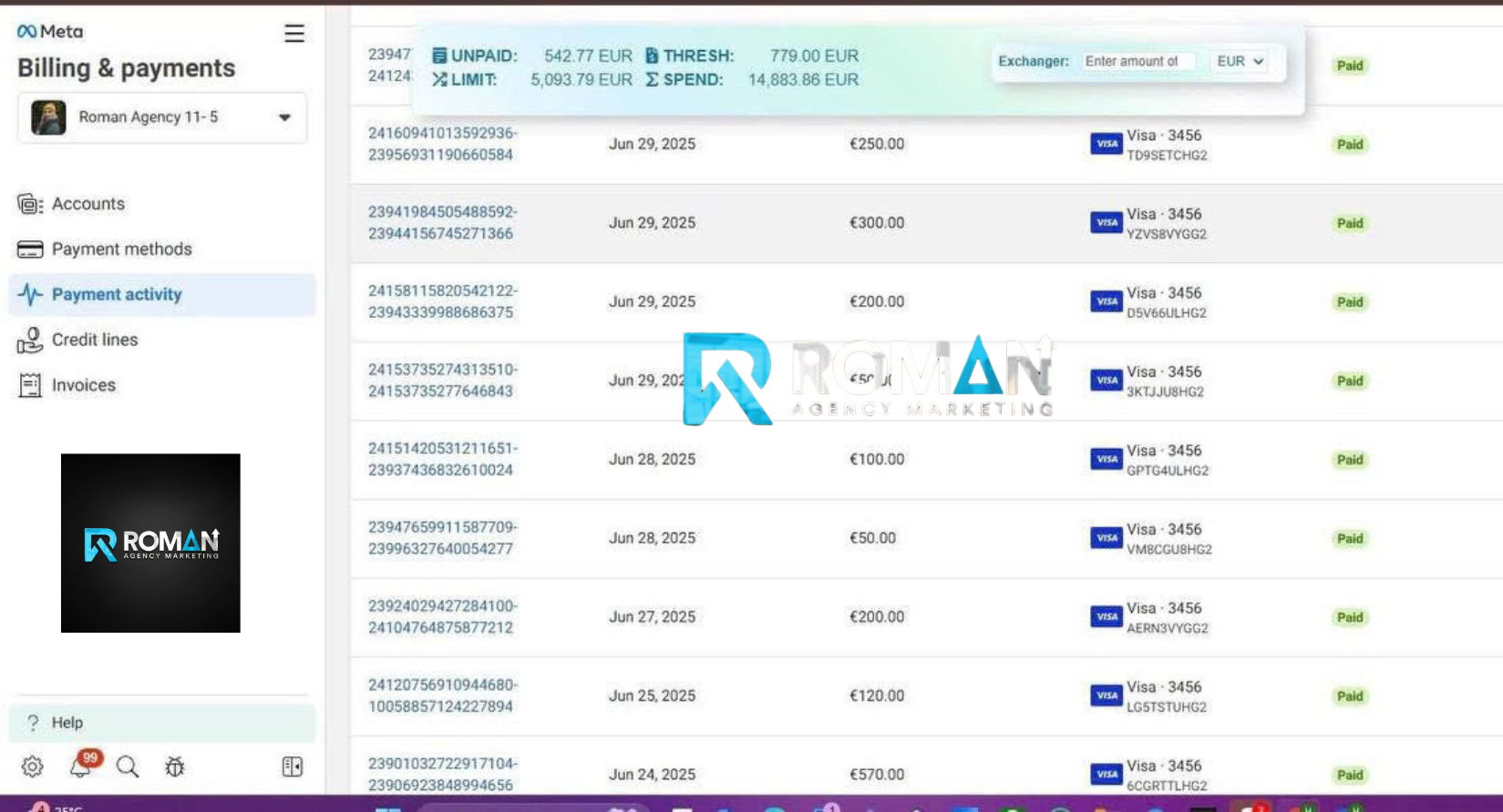 EUR payment activity showing €14,883 total spend — continuous daily payments