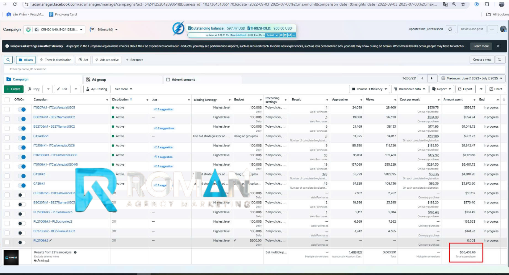 Ads Manager showing $56,439 total spend across 221 campaigns