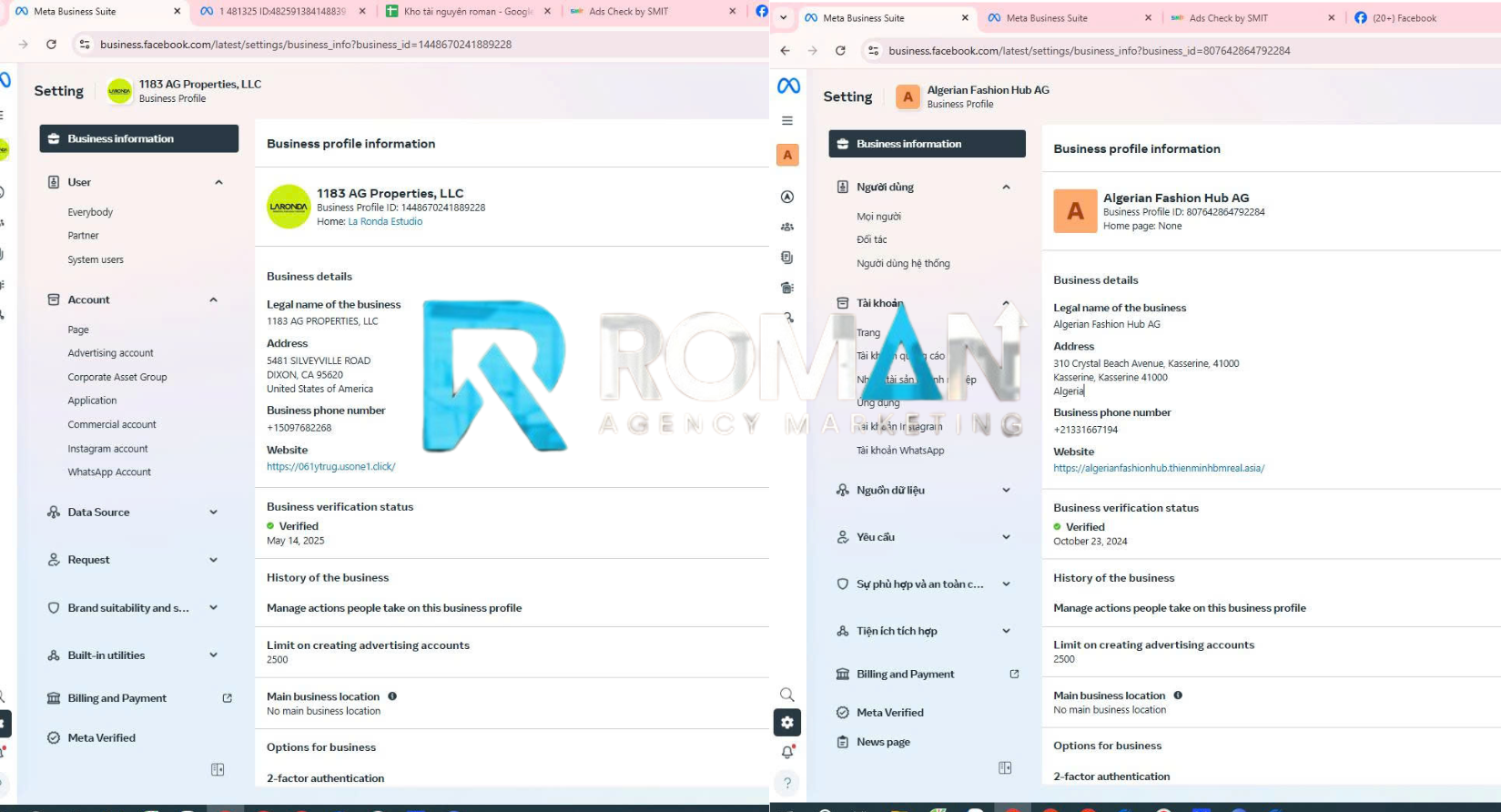 Two verified Business Managers with 2500 account creation limit